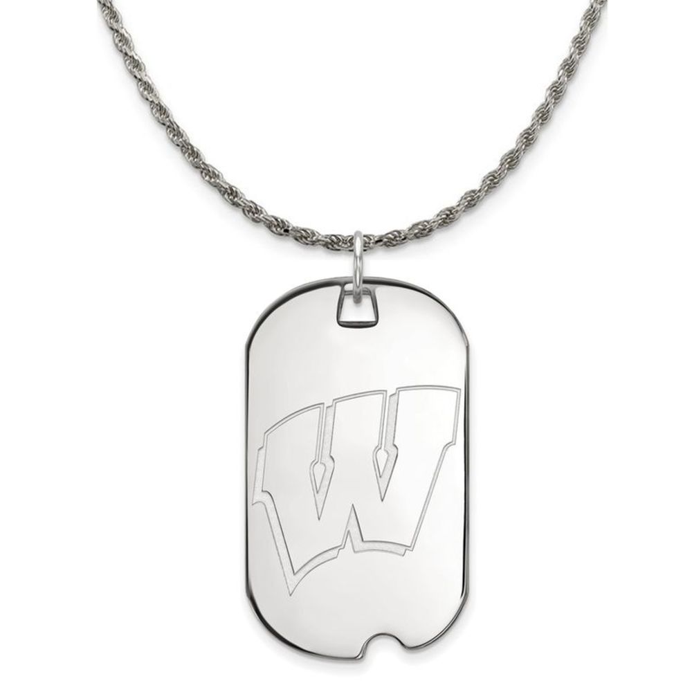Sterling Silver U of Wisconsin Large Initial W Dog Tag Necklace, 18 In